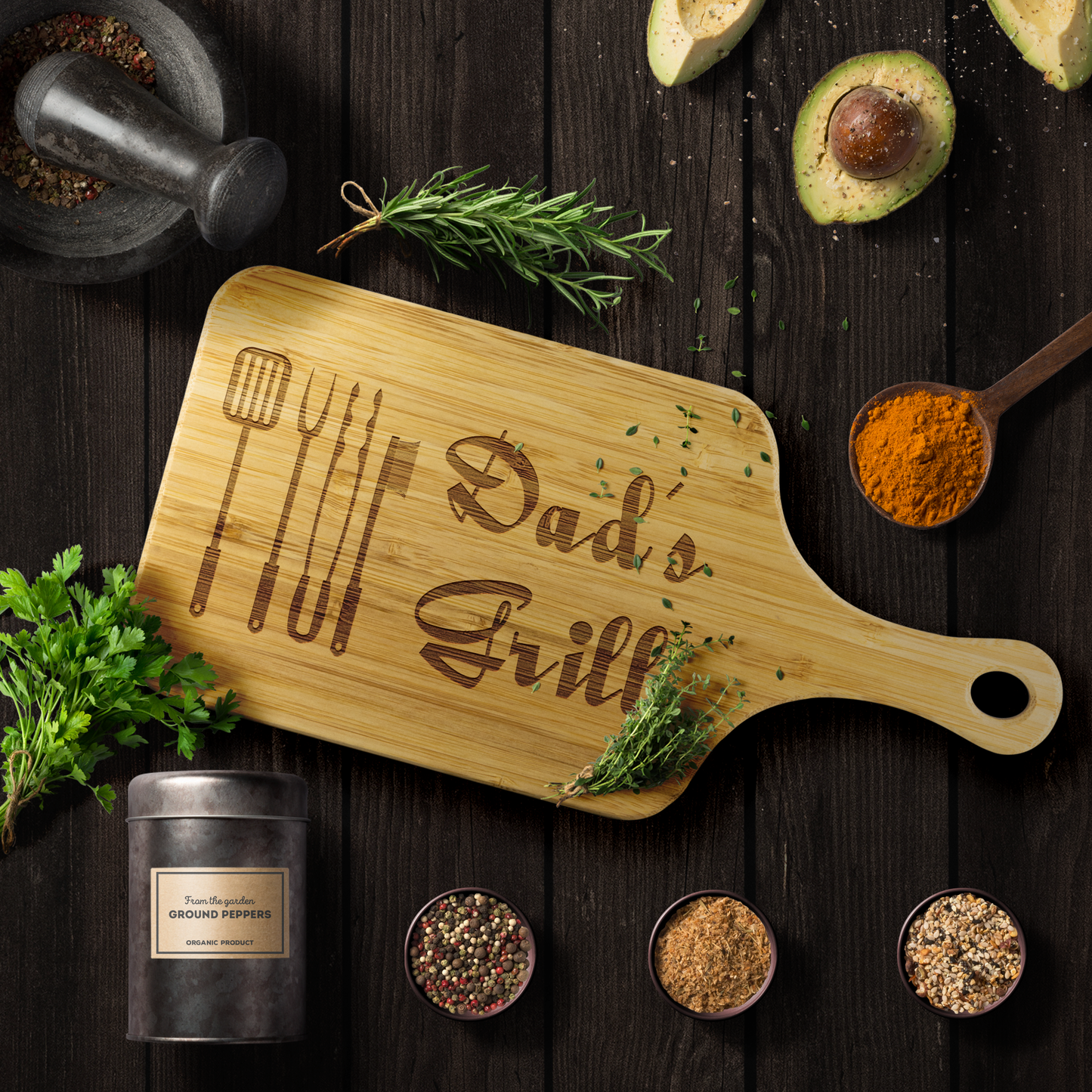 Dad's Grill Wooden Cutting Board With Handle - Omtheo Gifts