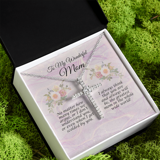 Wonderful Mom CZ Cross Necklace With Message Card