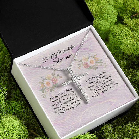 To My Stepmom CZ Cross Necklace With Message Card