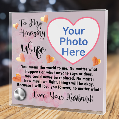 To My Amazing Wife Photo Upload Lumen Glass Message Card Display Stand With Jewelry, Personalized Gift For Wife