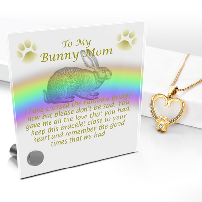 Bunny Memorial Paw Heart Necklace with Lumen Glass Display Stand, Rabbit Remembrance Gift