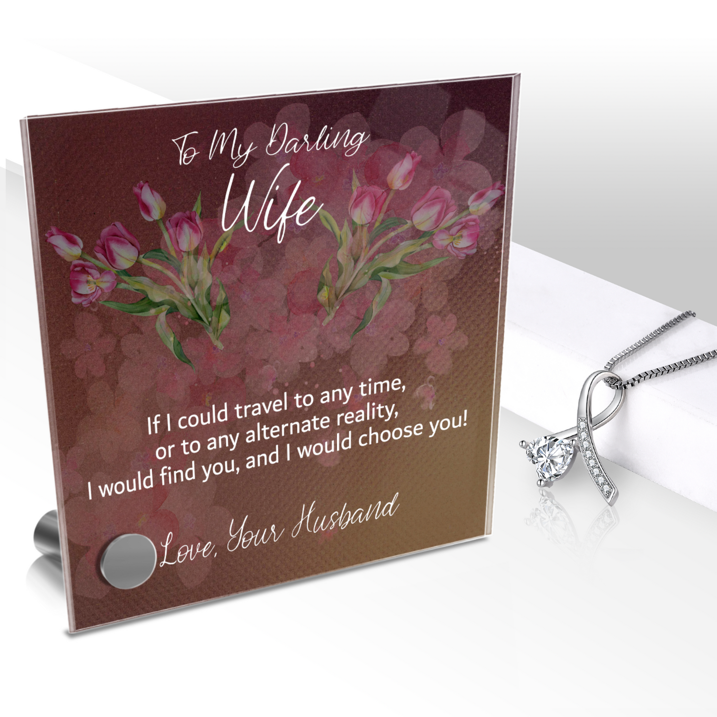 Gift For Wife, Lumen Glass Message Card Jewelry Stand, You Mean The World To Me