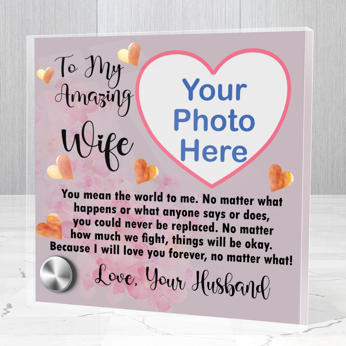 To My Amazing Wife Photo Upload Lumen Glass Message Card Display Stand With Jewelry, Personalized Gift For Wife