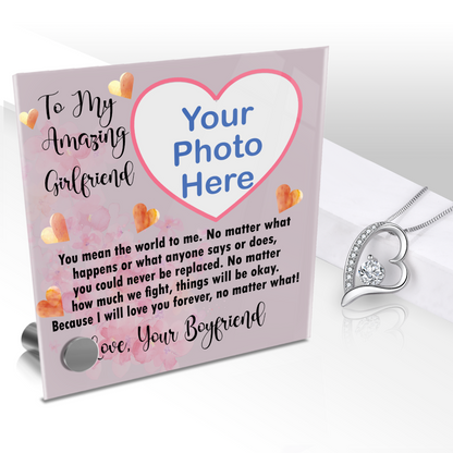 To My Girlfriend Lumen Glass Photo Upload Jewelry Message Card Stand, Valentines day Gift For Her
