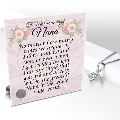 To My Wonderful Nana Pendant Necklace And Lumen Glass Message Display Stand