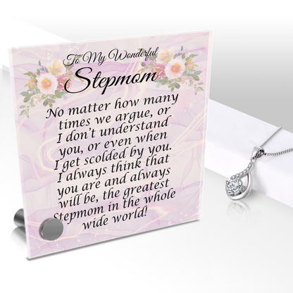 To My Wonderful Stepmom Pendant Necklace And Lumen Glass Message Display Stand