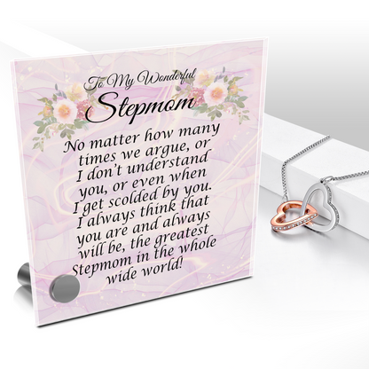 To My Wonderful Stepmom Pendant Necklace And Lumen Glass Message Display Stand