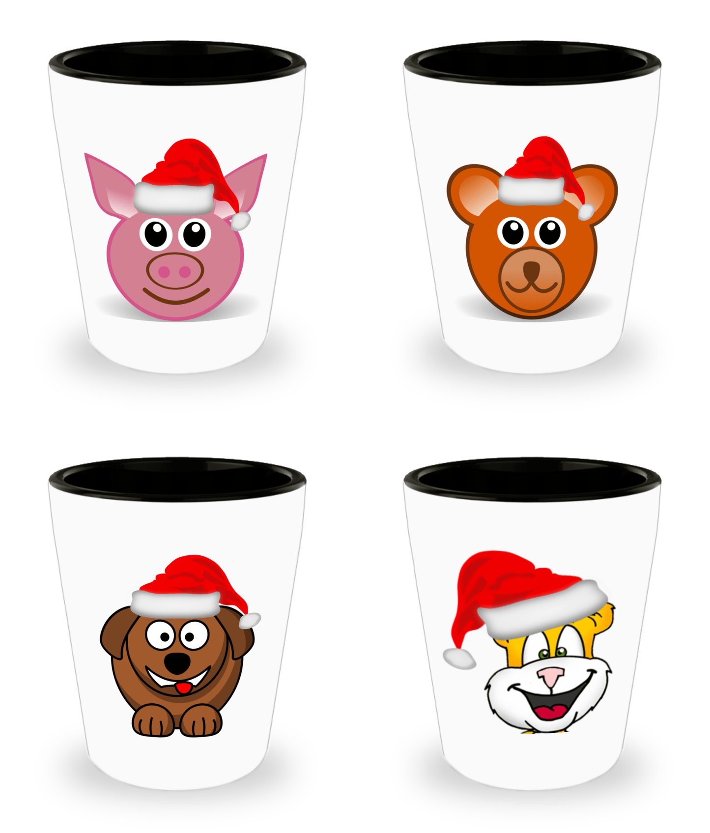 Cute Shot Glass Set Of 4 - Santa Paws -  Christmas Cat Dog Bear Pig - Ceramic 1.5 Ounce - Omtheo Gifts