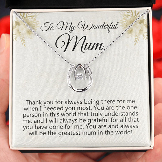 To My Wonderful Mum, Lucky In Love Necklace With Message Card, Mothers Day Gift