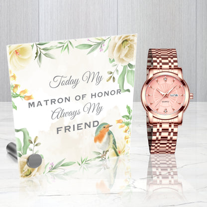 Matron Of Honor Ladies Rose Gold Watch And Lumen Glass Display Message Card Stand Gift Set