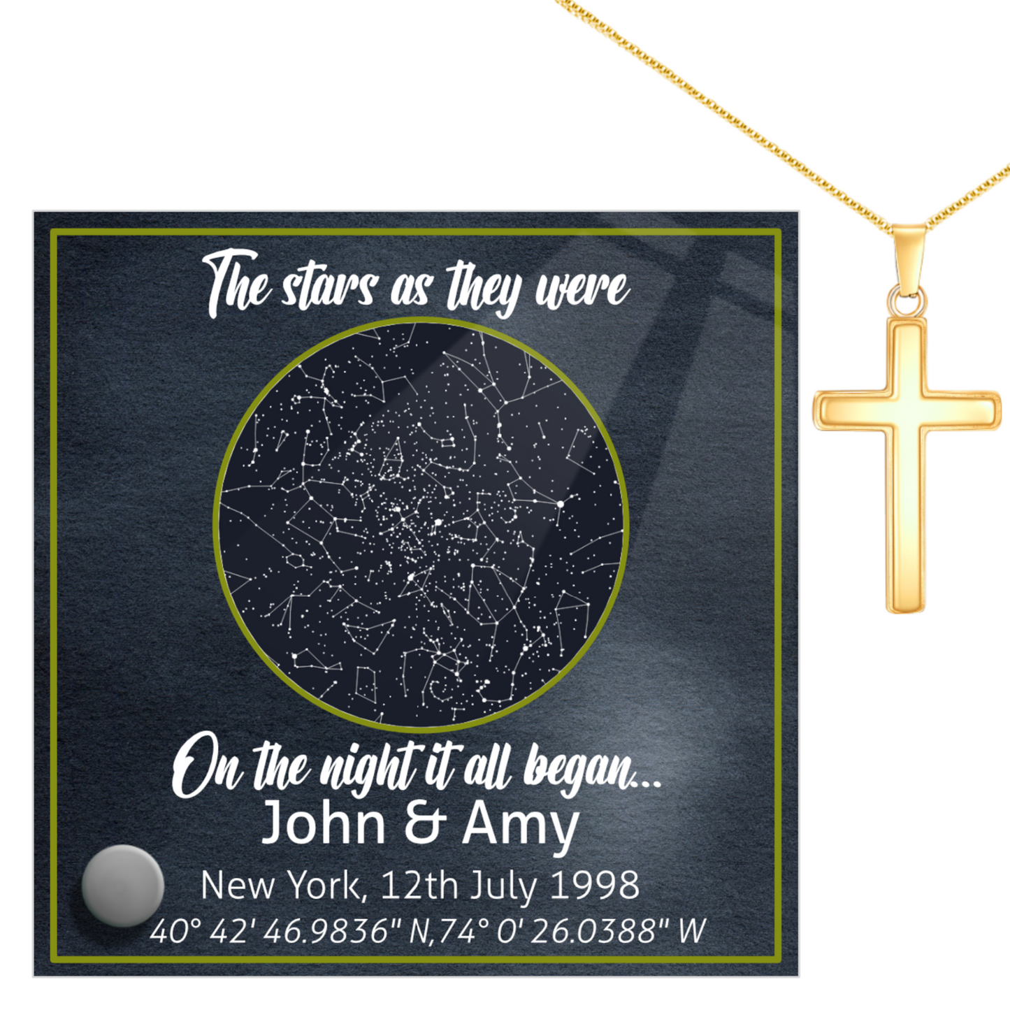 Custom Star Map Lumen Glass Display Stand For Anniversaries With Gold Finished Stainless Steel Cross Necklace