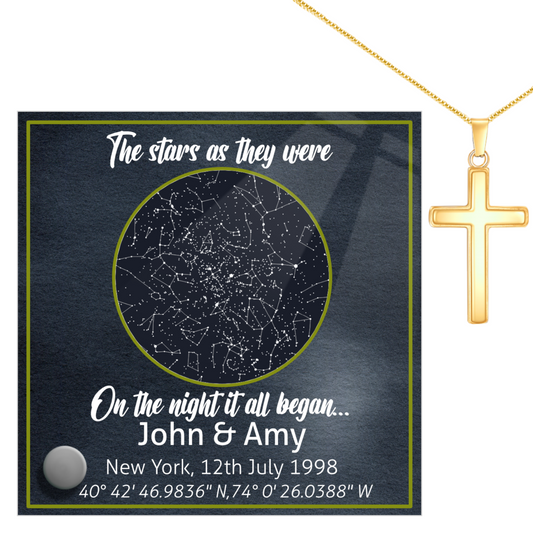 Custom Star Map Lumen Glass Display Stand For Anniversaries With Gold Finished Stainless Steel Cross Necklace