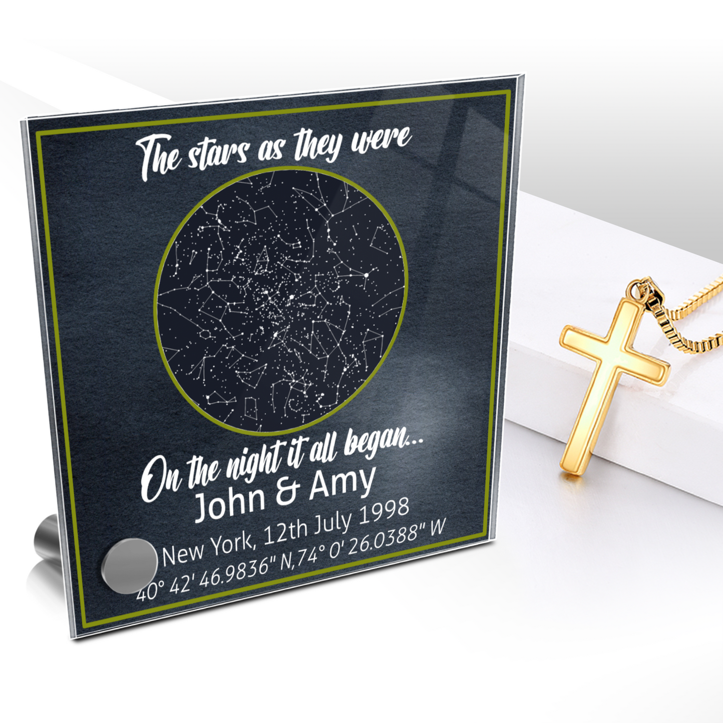 Custom Star Map Lumen Glass Display Stand For Anniversaries With Gold Finished Stainless Steel Cross Necklace